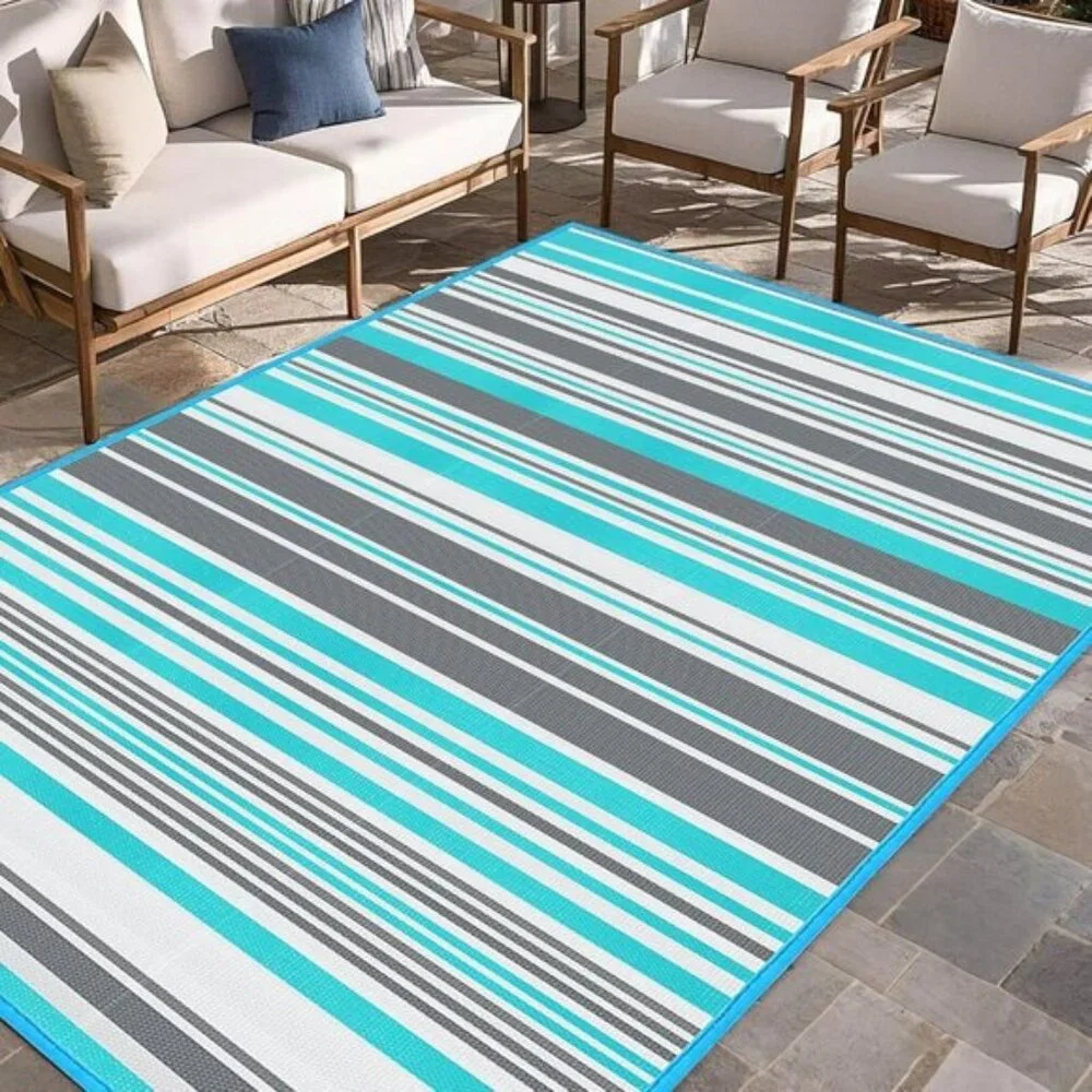 New 4x6 Outdoor Patio Rug, Waterproof Blue & Grey Plastic Carpet for Porch, Deck